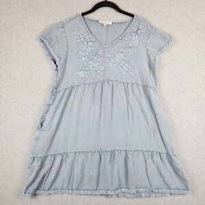 Solitaire Womens Blue Embroidered Babydoll Dress Tiered Rayon Pockets Large L